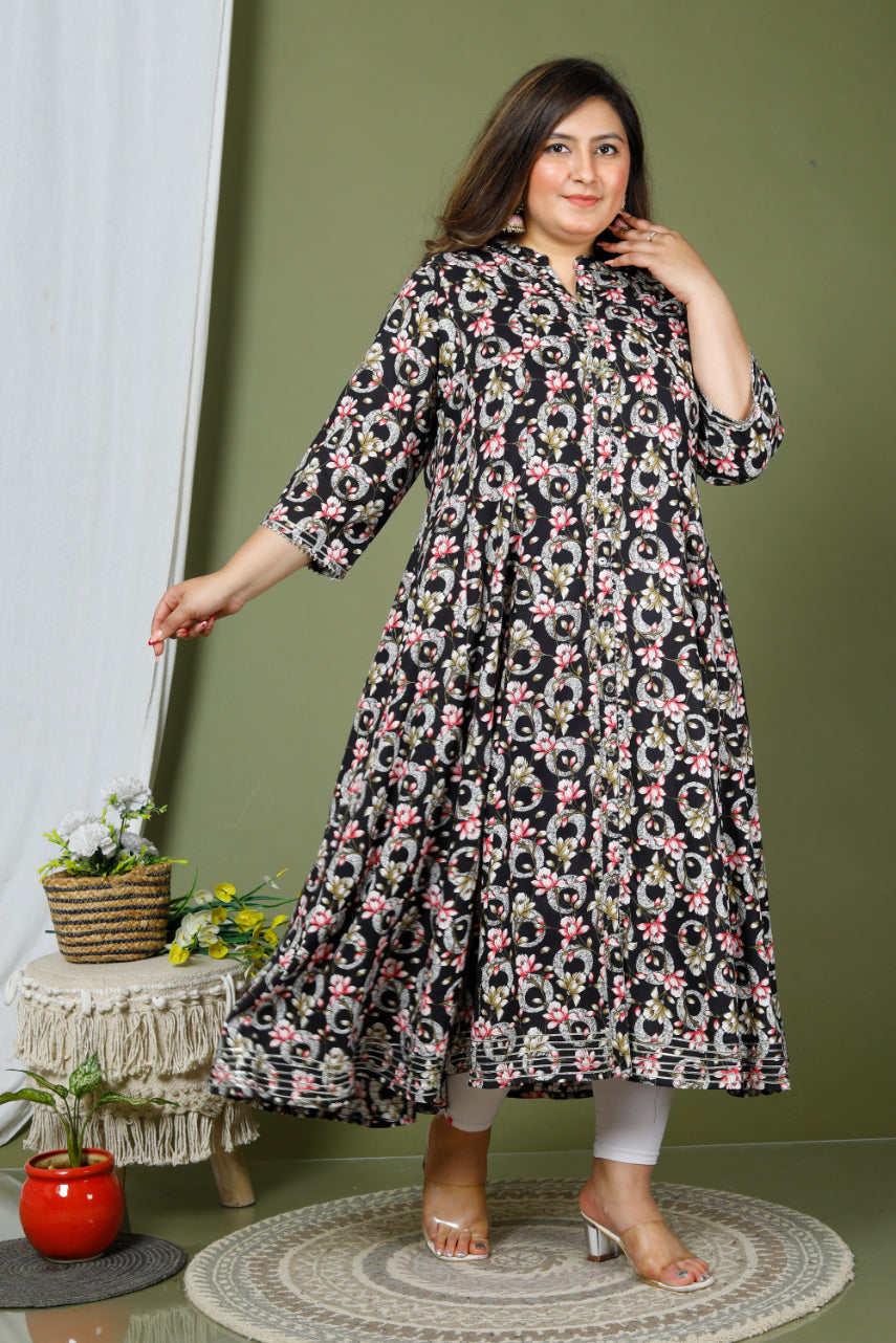 Plus Size Black Floral Print Flared Long Kurta-640