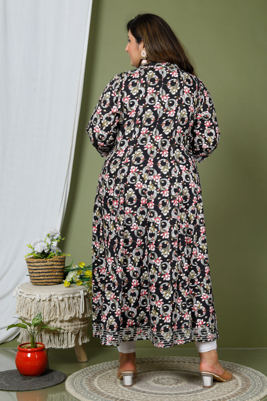 Plus Size Black Floral Print Flared Long Kurta-640