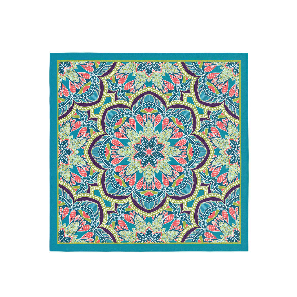 Teal Mandala Bloom Silk Bandana Scarf – 50 × 50 cm