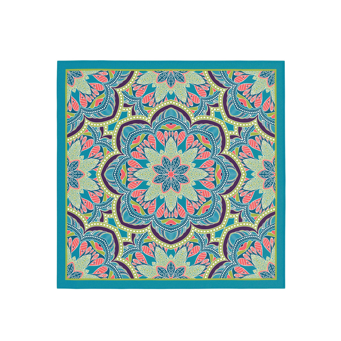 Teal Mandala Bloom Silk Bandana Scarf – 50 × 50 cm