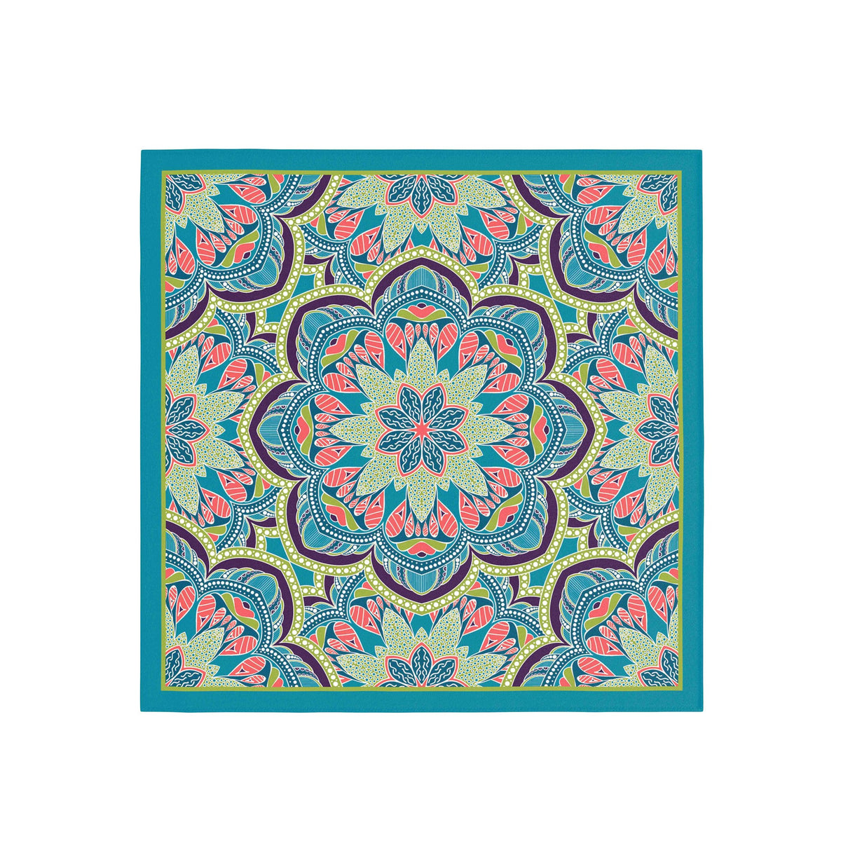 Teal Mandala Bloom Silk Bandana Scarf – 50 × 50 cm