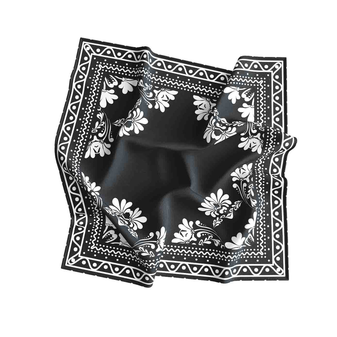 Noir Lotus Border Silk Bandana Scarf – 50 × 50 cm