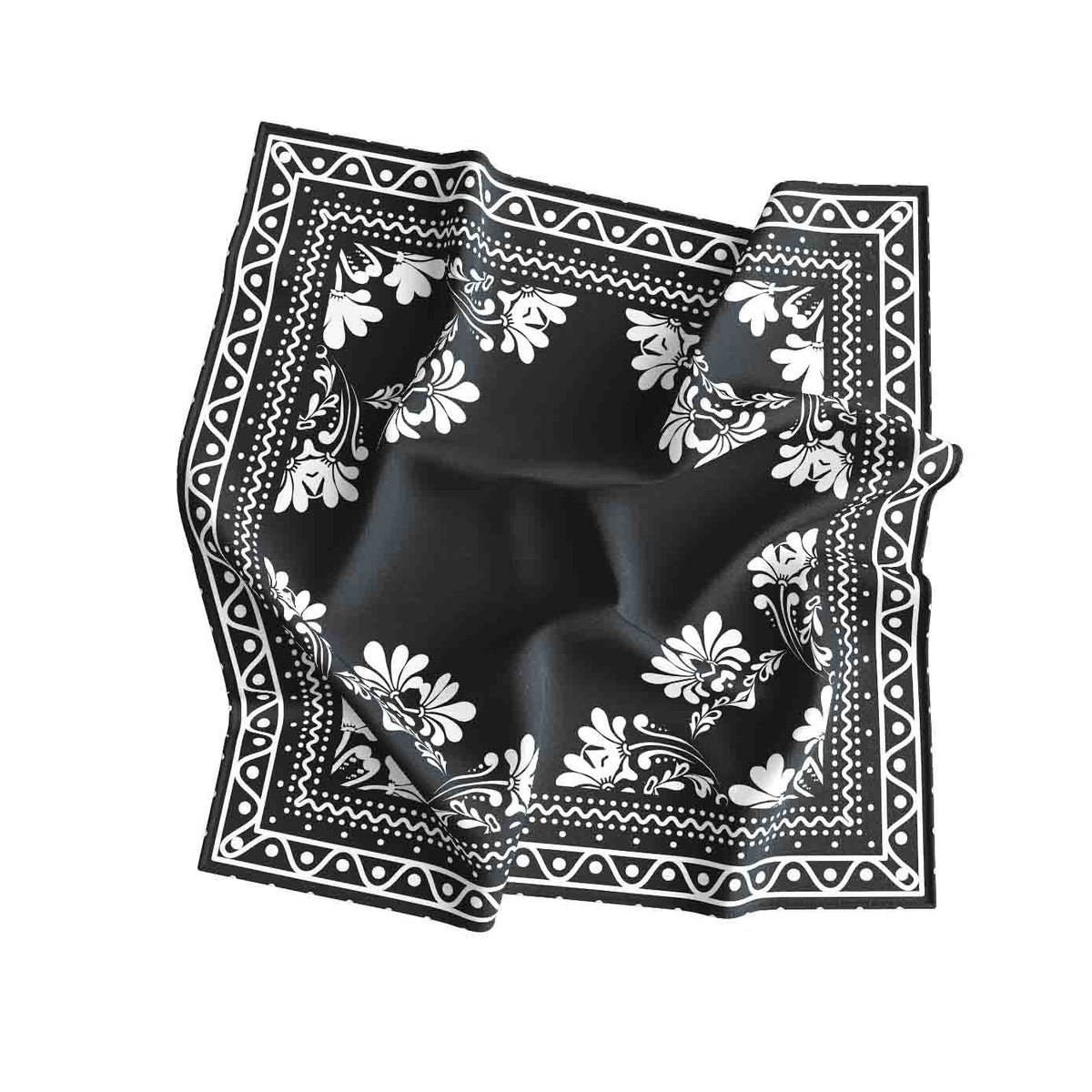 Noir Lotus Border Silk Bandana Scarf – 50 × 50 cm