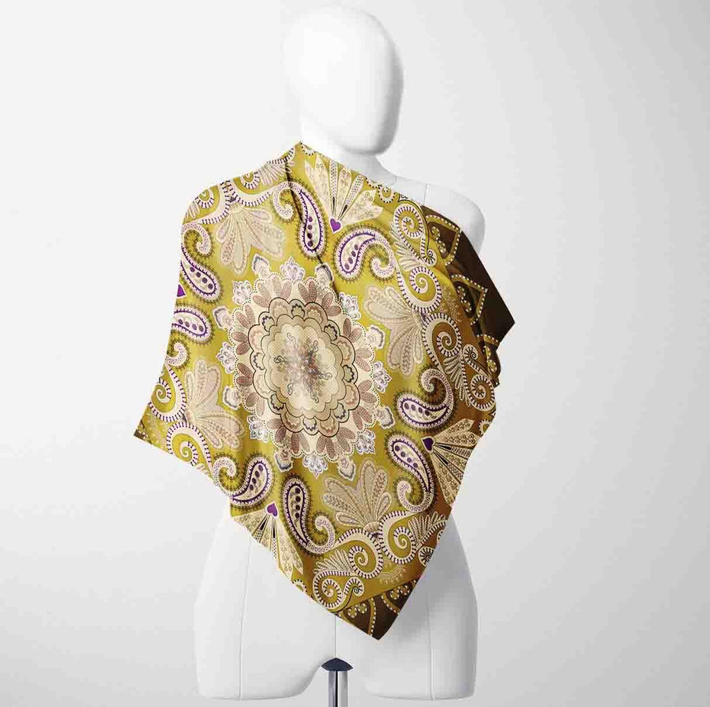 Golden Royal Paisley Silk Shawl Wrap – 100 × 100 cm