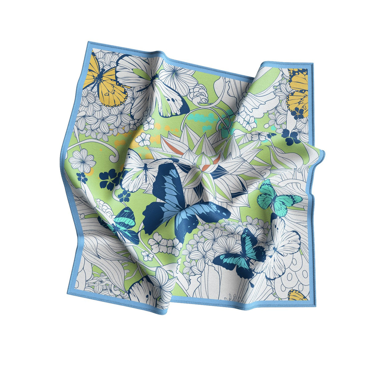 Butterfly Garden Mint Silk Bandana Scarf – 50 × 50 cm