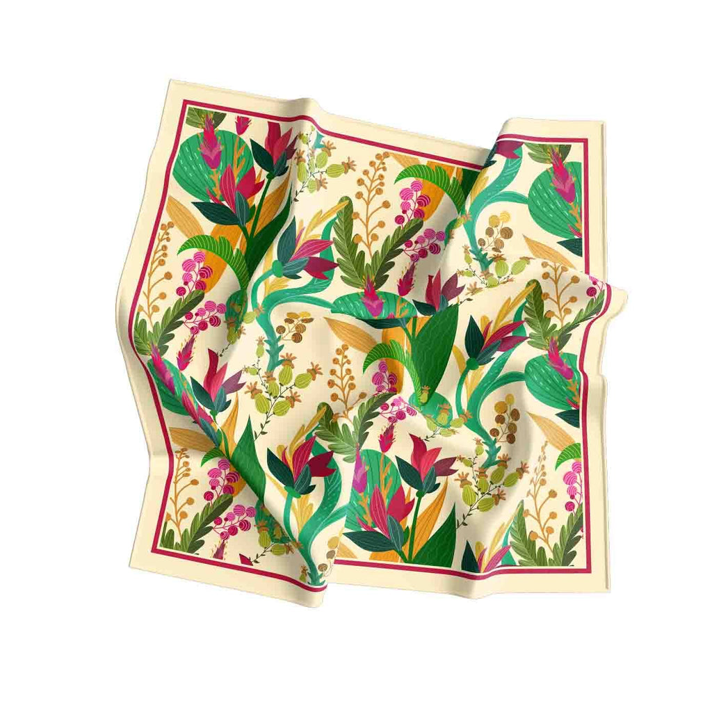 Tropical Bloom Ivory Silk Bandana Scarf – 50 × 50 cm
