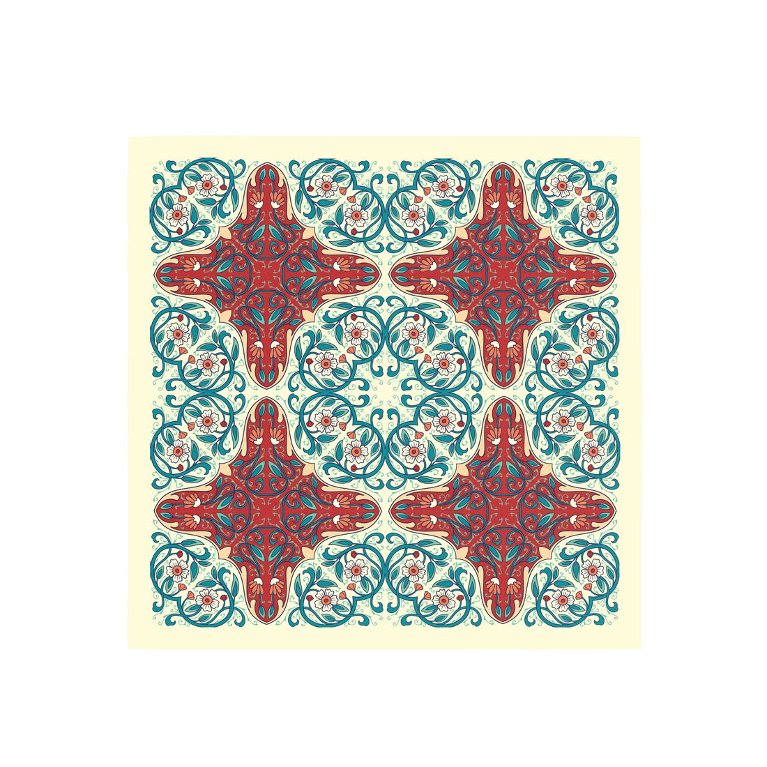 Teal Arabesque Tile Silk Bandana Scarf – 50 × 50 cm