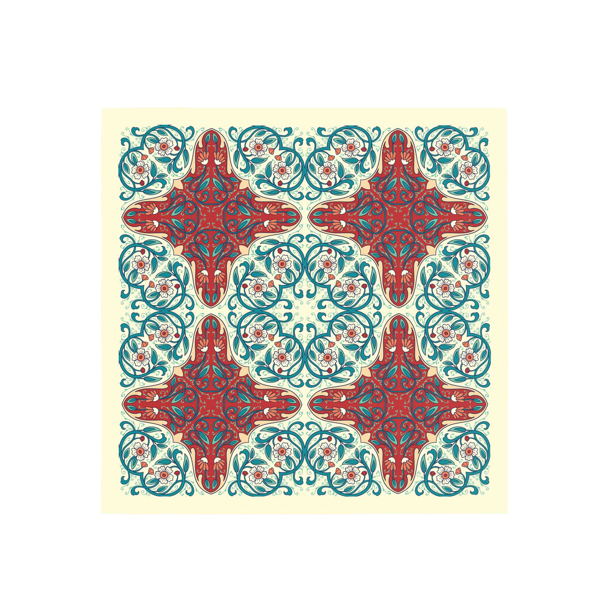 Teal Arabesque Tile Silk Bandana Scarf – 50 × 50 cm