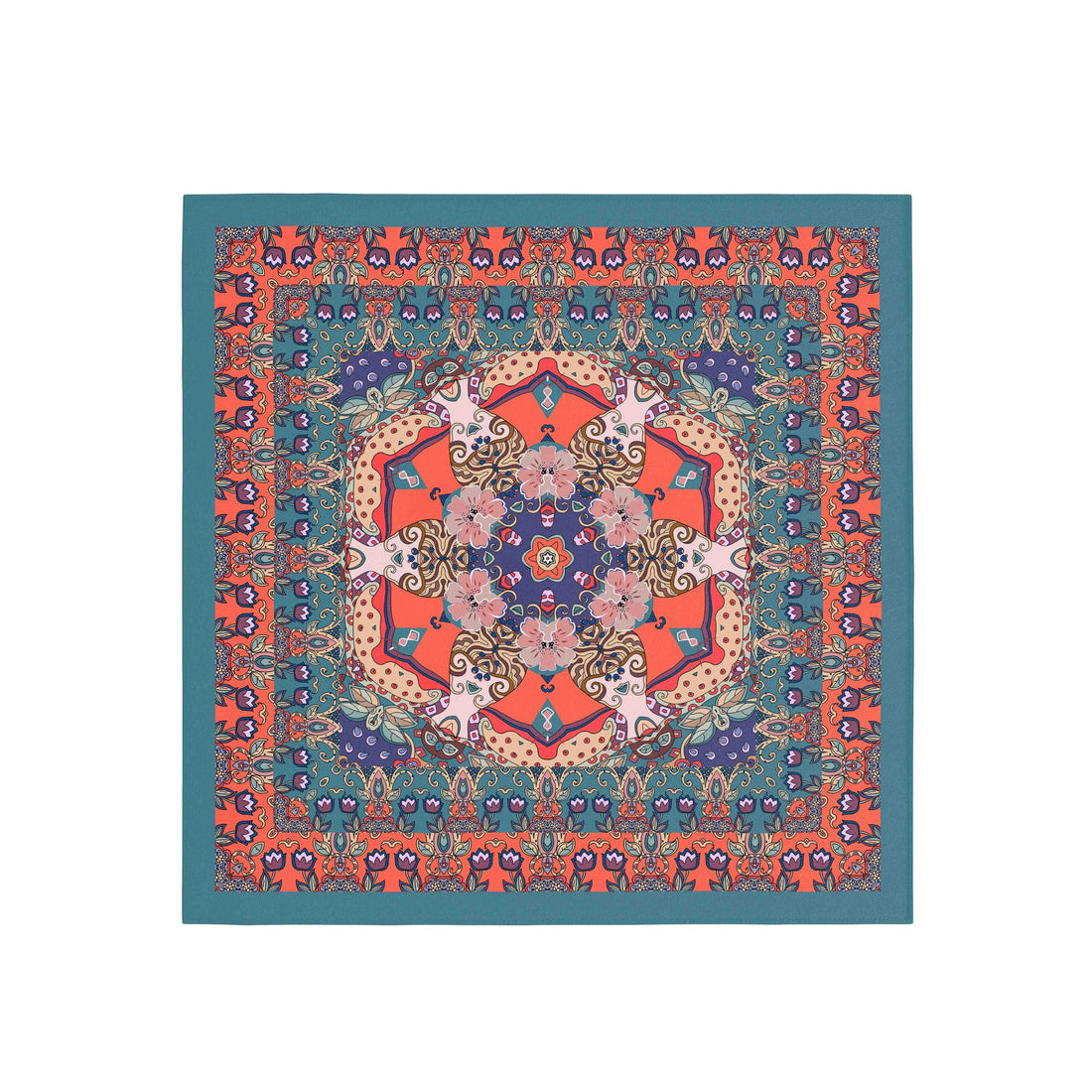 Persian Tile Coral Silk Bandana Scarf – 50 × 50 cm