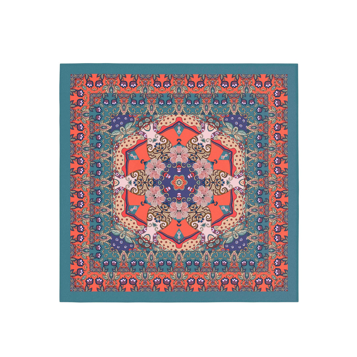 Persian Tile Coral Silk Bandana Scarf – 50 × 50 cm