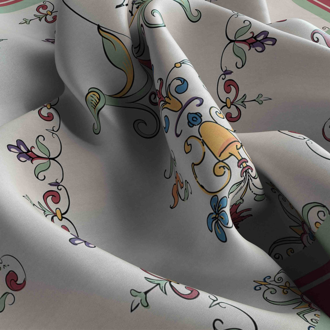 Ivory Rococo Floral Silk Bandana Scarf – 50 × 50 cm
