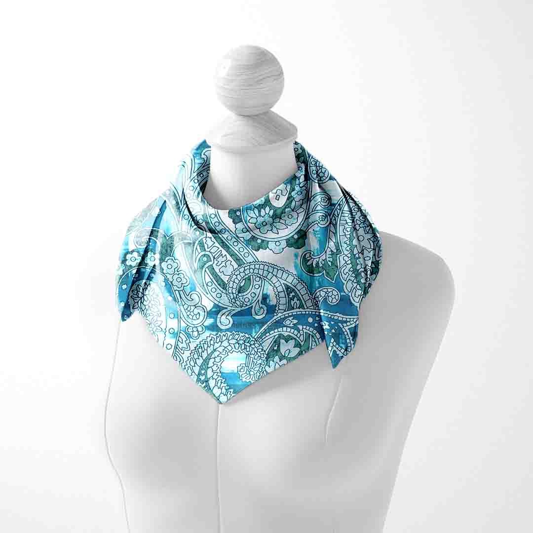 Aqua Lace Paisley Silk Square Scarf – 65 × 65 cm