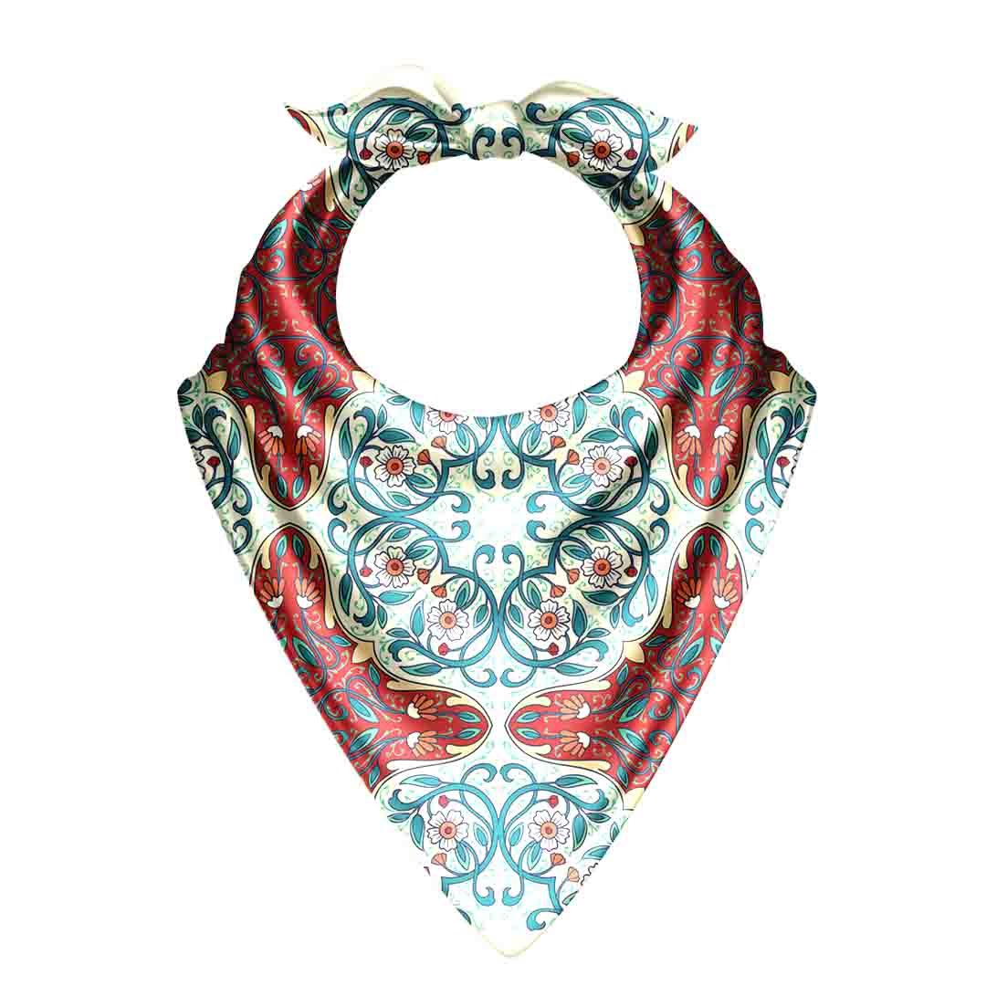 Teal Arabesque Tile Silk Bandana Scarf – 50 × 50 cm