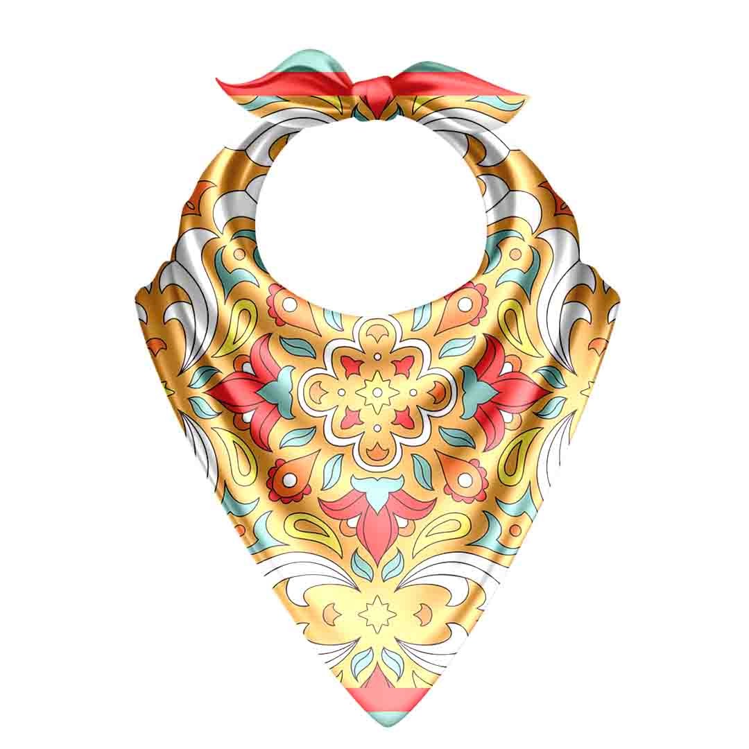 Saffron Tile Mosaic Silk Bandana Scarf – 50 × 50 cm