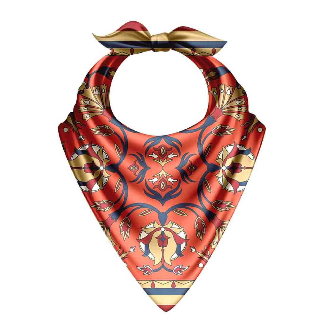 Terracotta Folk Medallion Silk Bandana Scarf – 50 × 50 cm