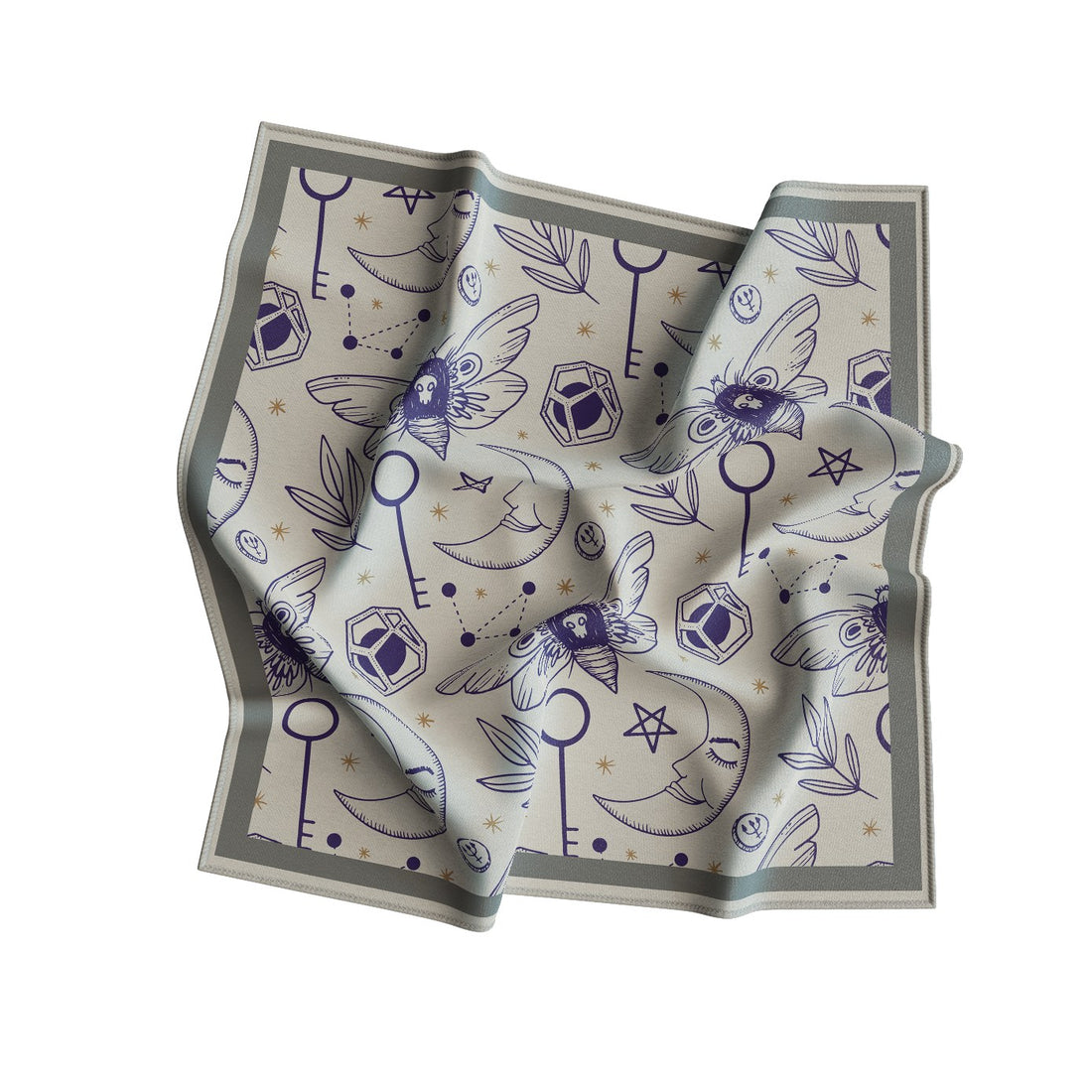 Celestial Keys & Moths Silk Bandana Scarf – 50 × 50 cm