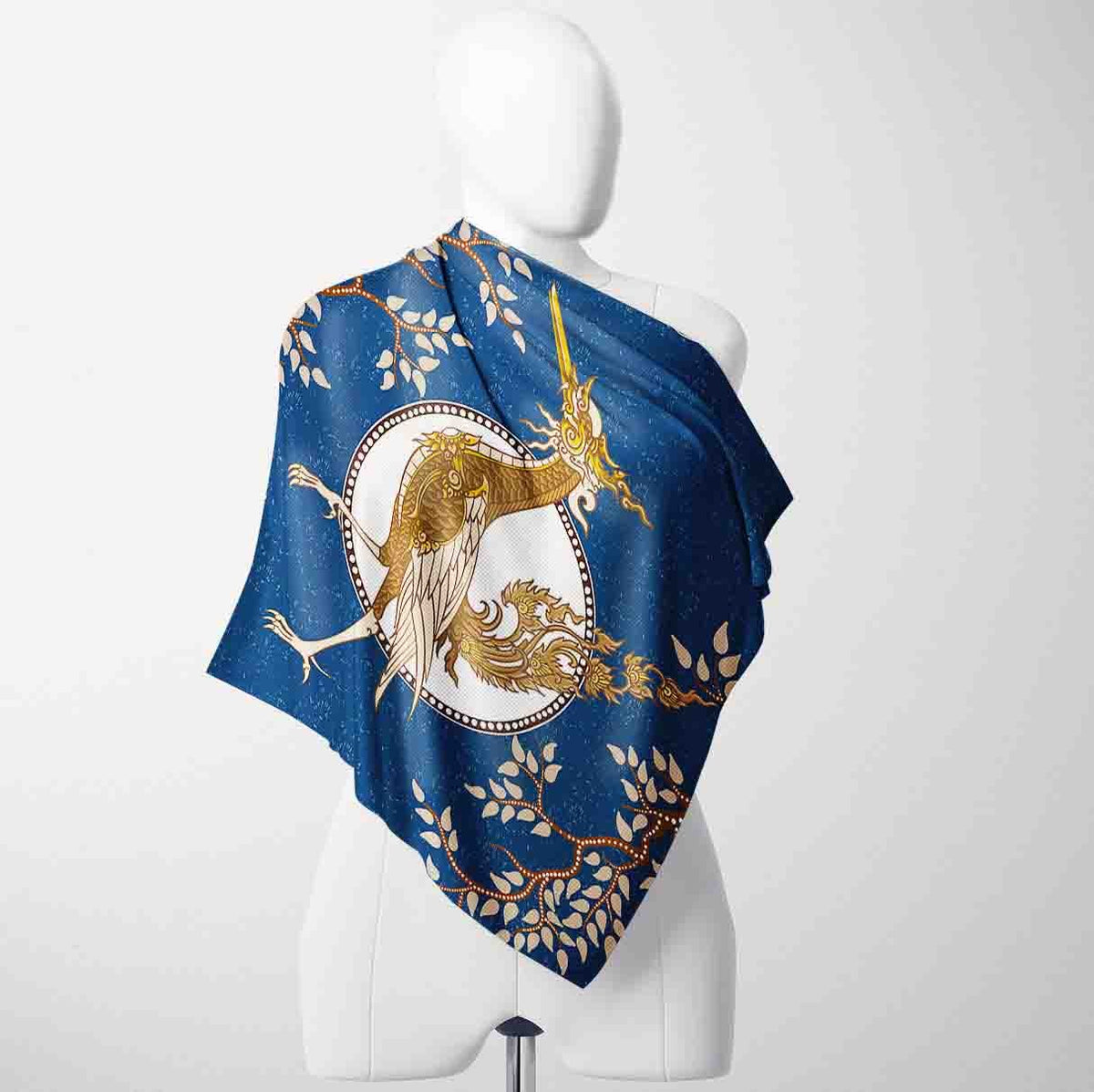 Royal Heron Navy Silk Shawl Wrap – 100 × 100 cm