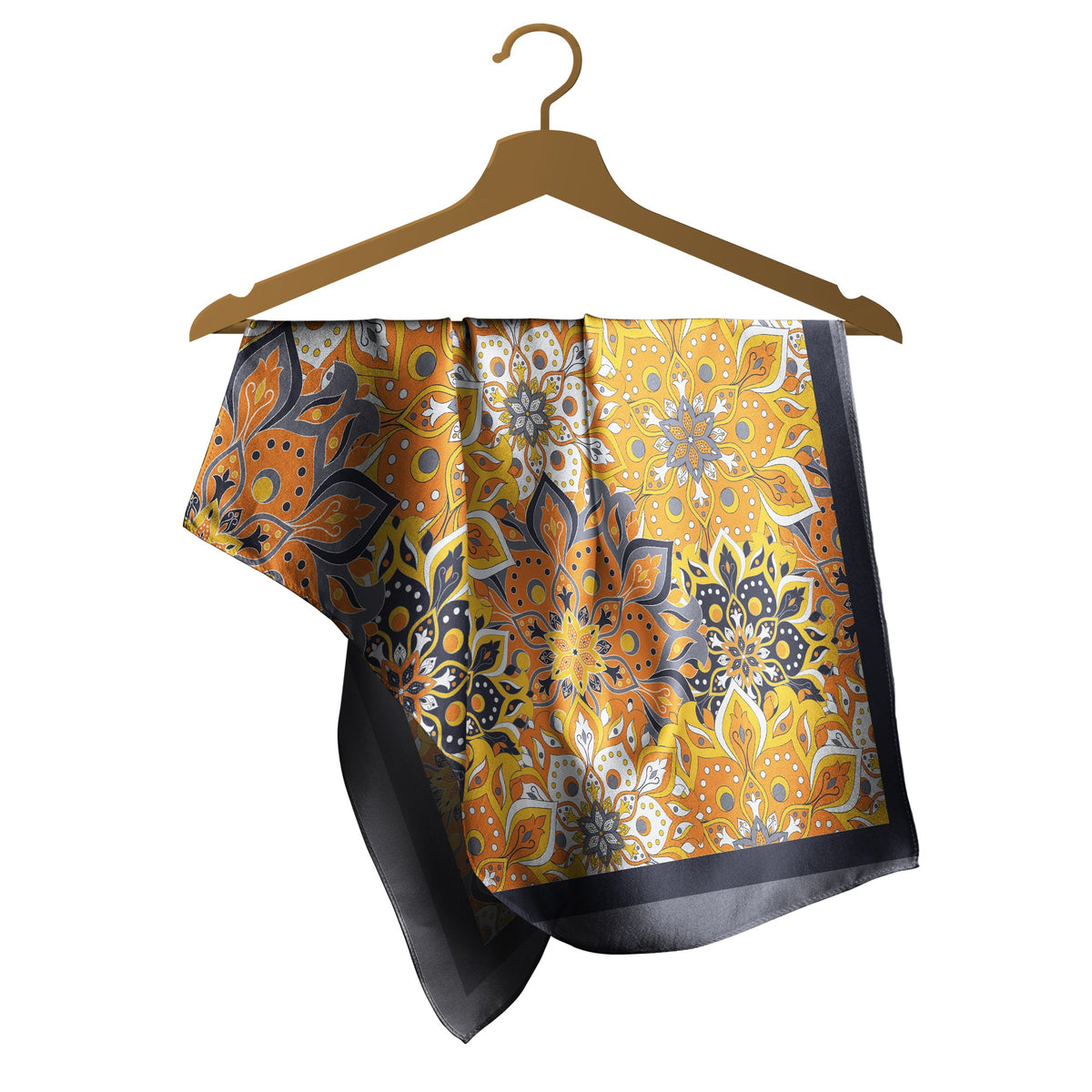 Marigold Medallion Slate Silk Square Scarf – 65 × 65 cm