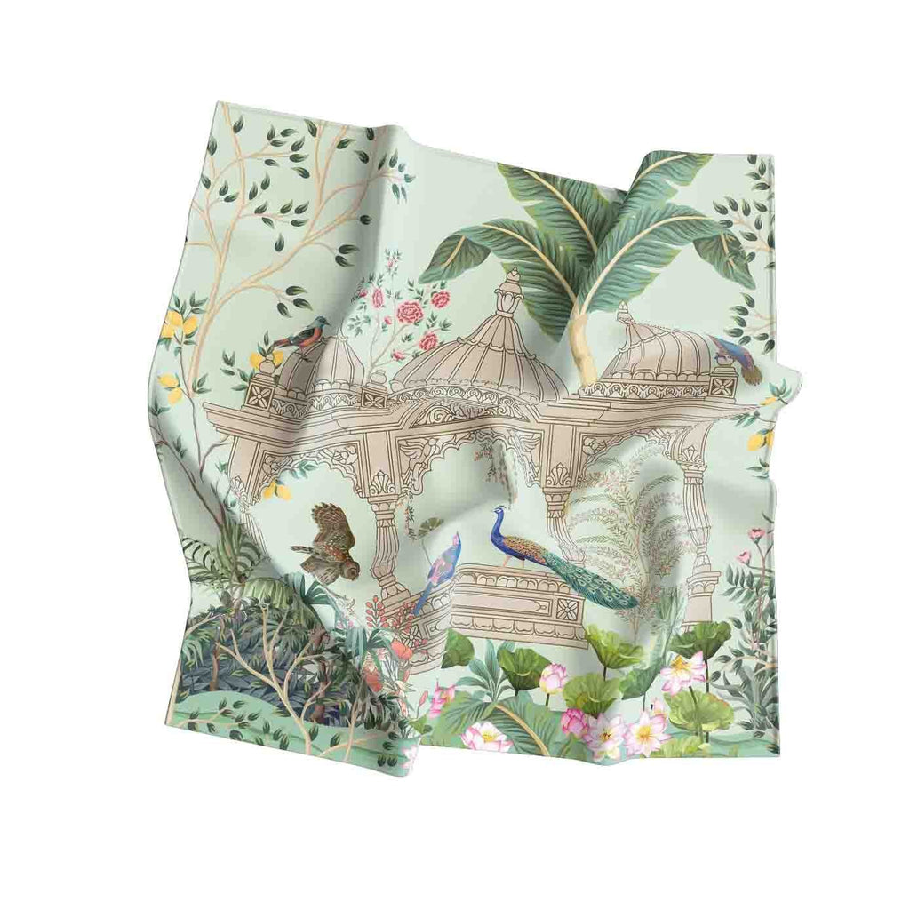 Palace Garden Peacock Silk Shawl – 100 × 100 cm
