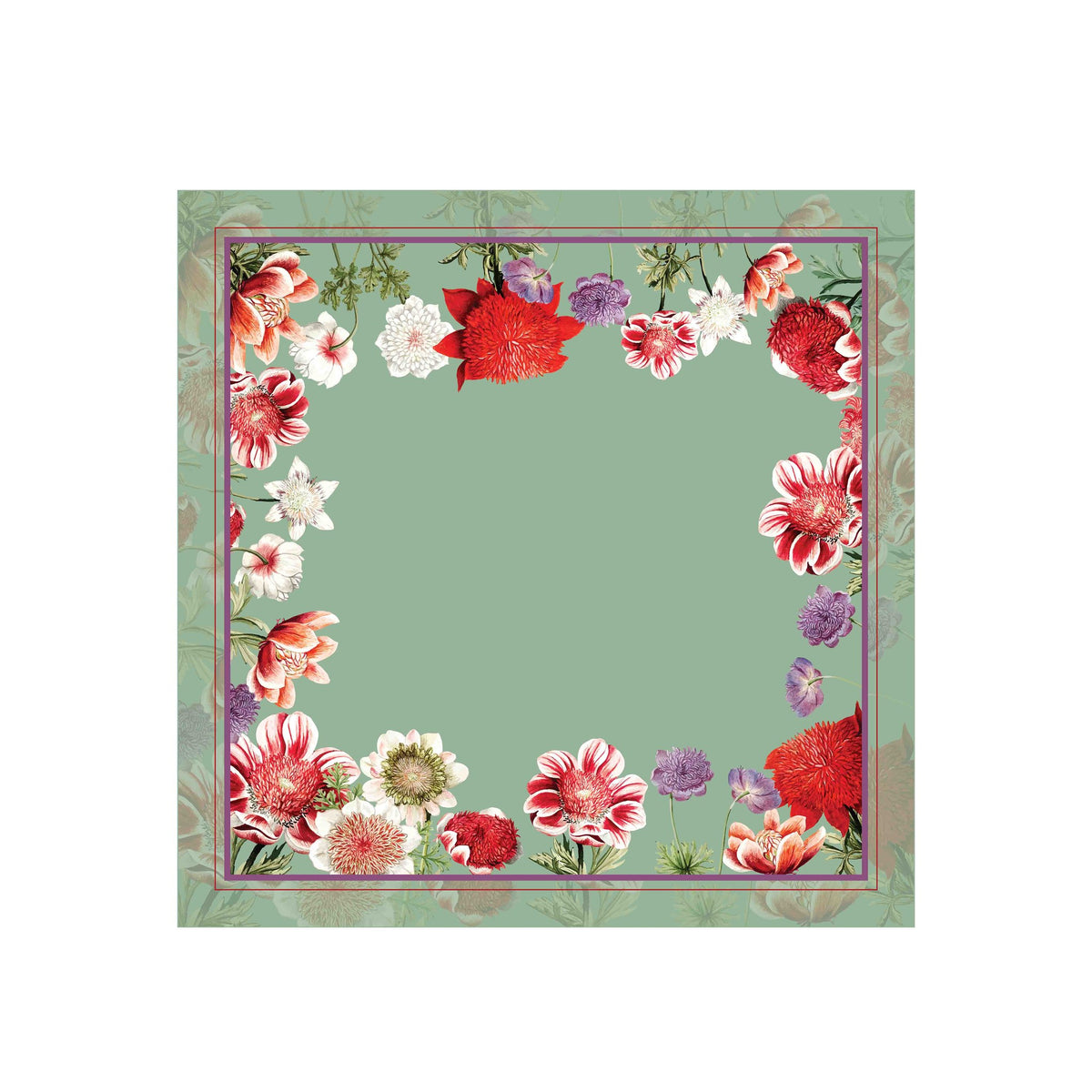 Sage Carnation Border Silk Shawl Wrap – 100 × 100 cm
