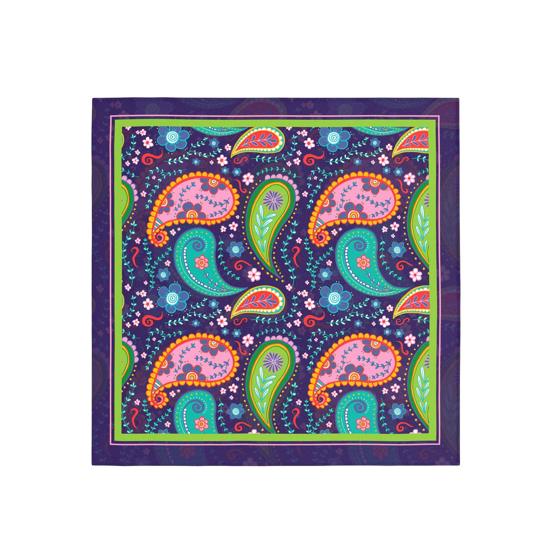 Neon Paisley Party Silk Bandana Scarf – 50 × 50 cm