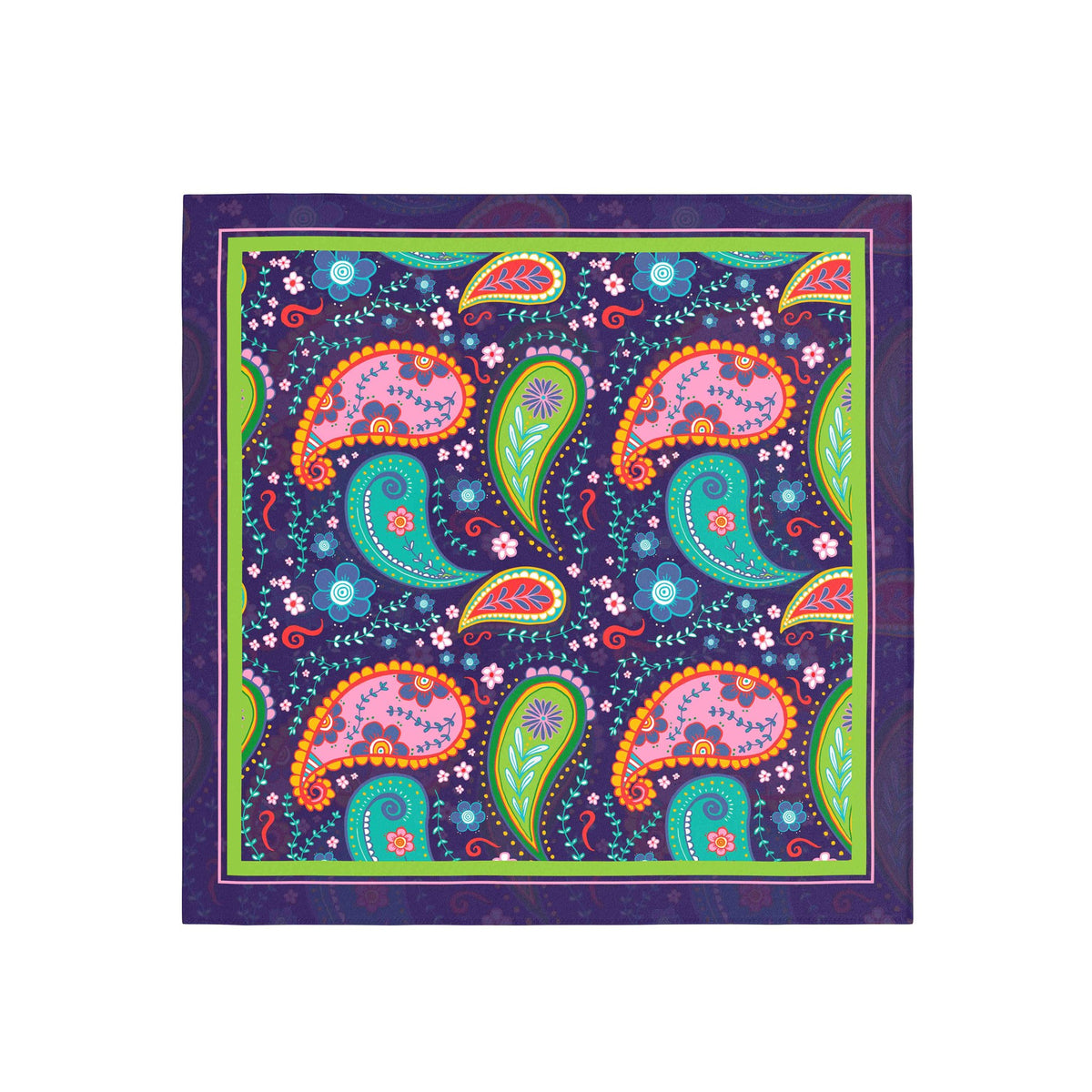 Neon Paisley Party Silk Bandana Scarf – 50 × 50 cm