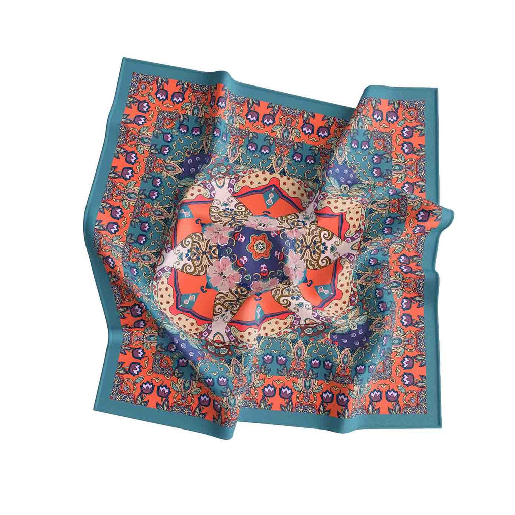 Persian Tile Coral Silk Bandana Scarf – 50 × 50 cm