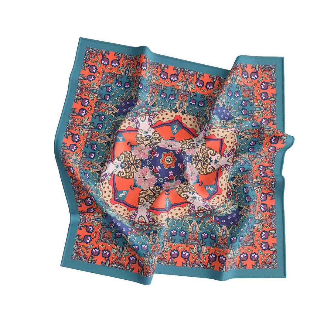 Persian Tile Coral Silk Bandana Scarf – 50 × 50 cm