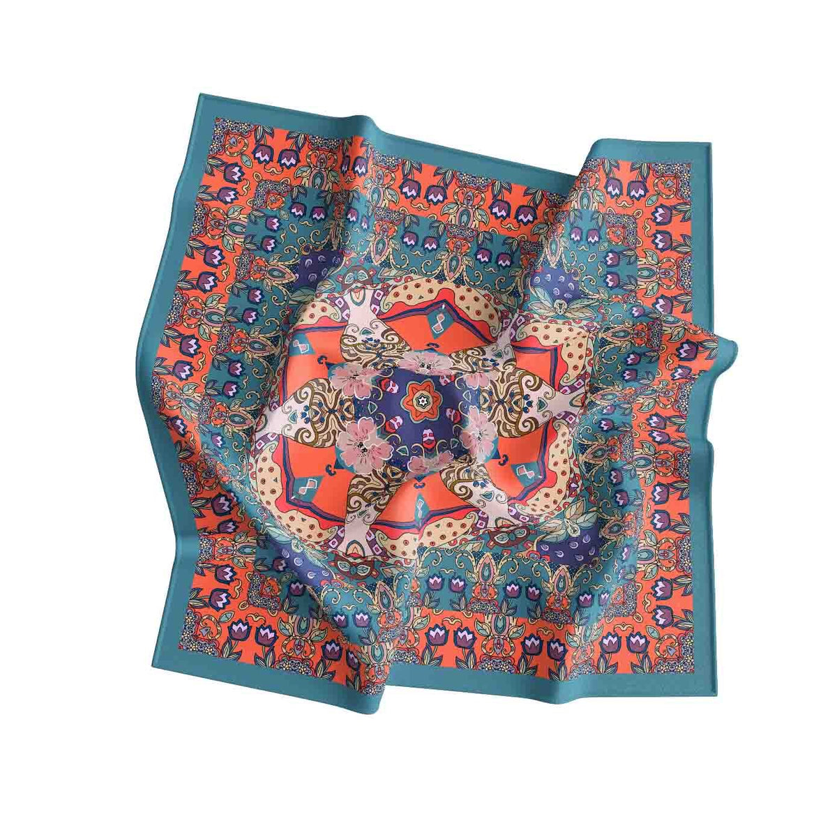 Persian Tile Coral Silk Bandana Scarf – 50 × 50 cm