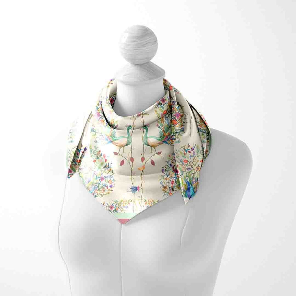 Ivory Folk Garden Silk Square Scarf – 65 × 65 cm
