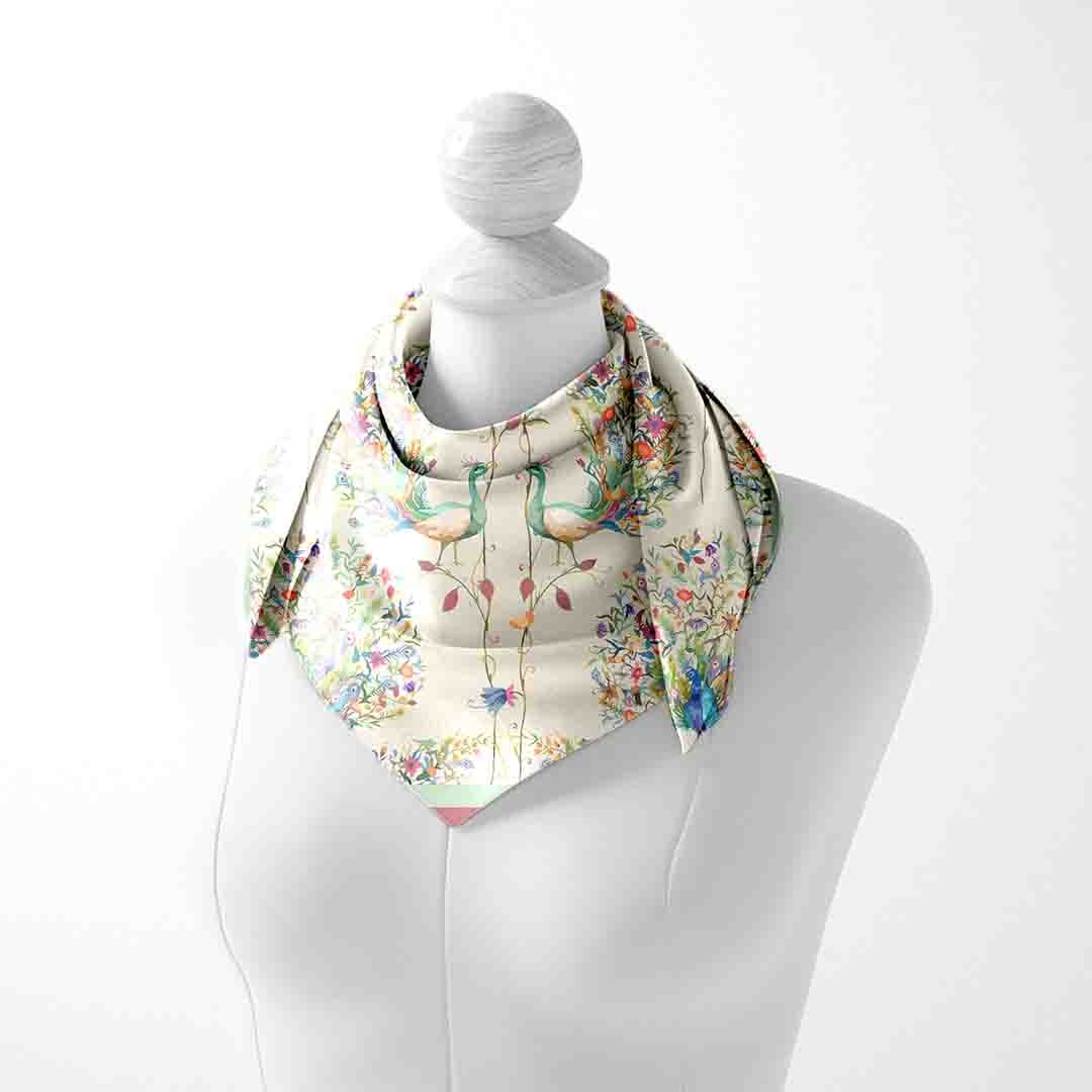 Ivory Folk Garden Silk Square Scarf – 65 × 65 cm