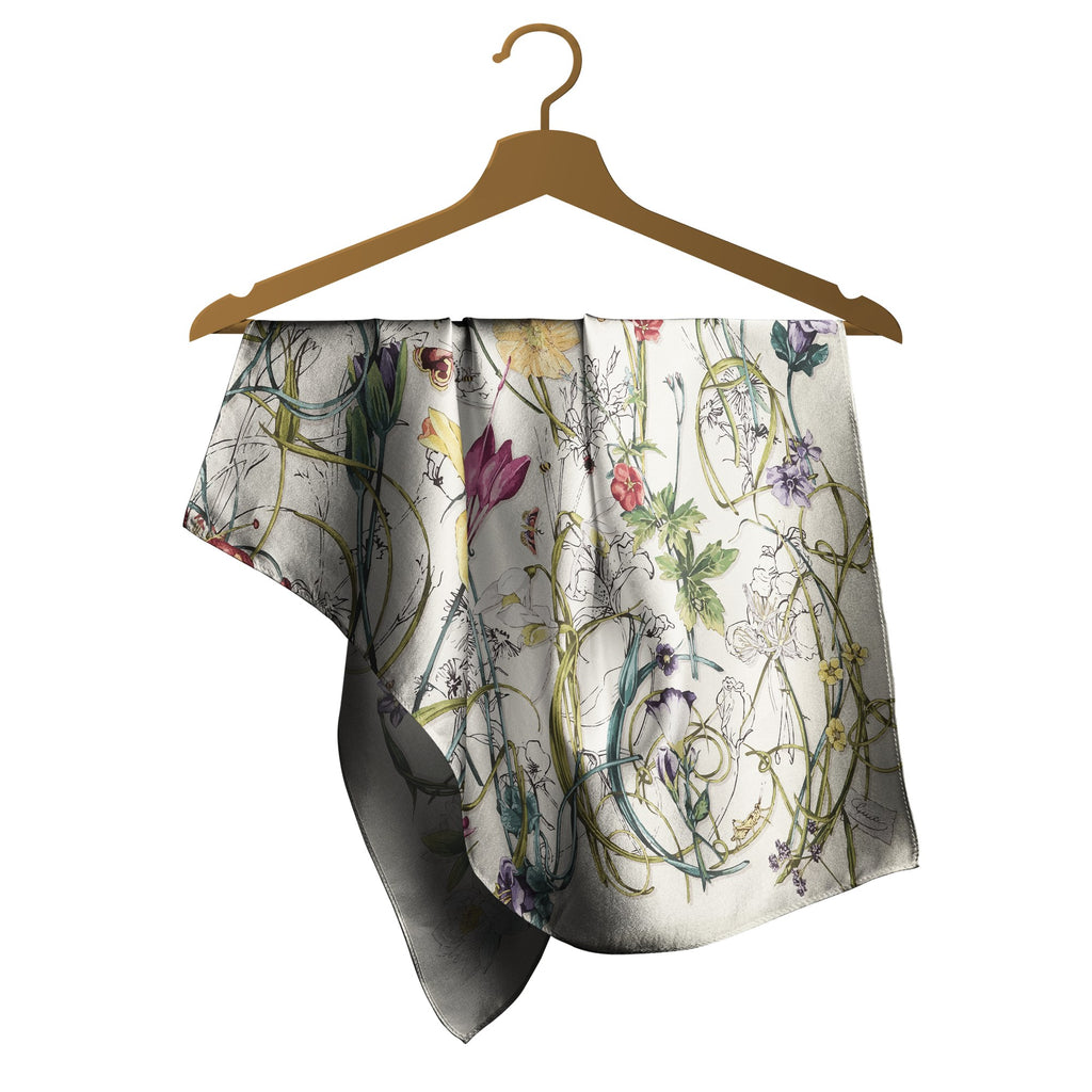 Ivory Botanical Sketch Silk Square Scarf – 65 × 65 cm