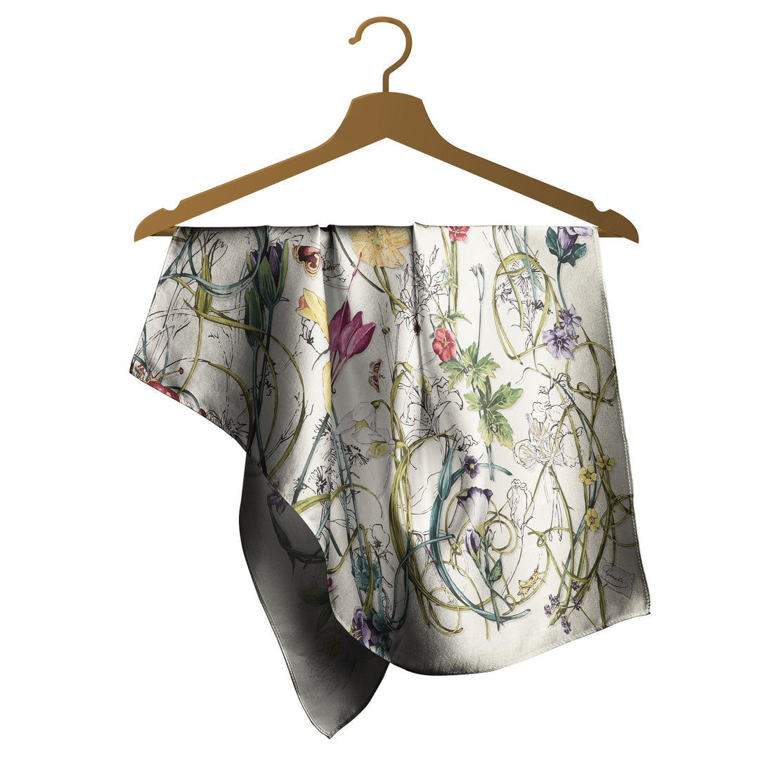 Ivory Botanical Sketch Silk Square Scarf – 65 × 65 cm