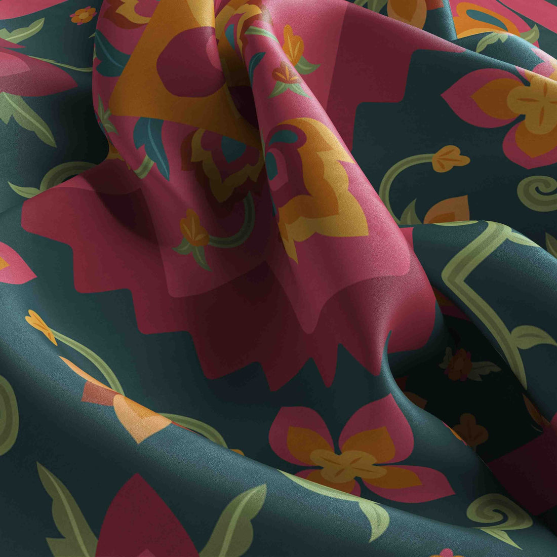 Teal Rose Kilim Silk Bandana Scarf – 50 × 50 cm