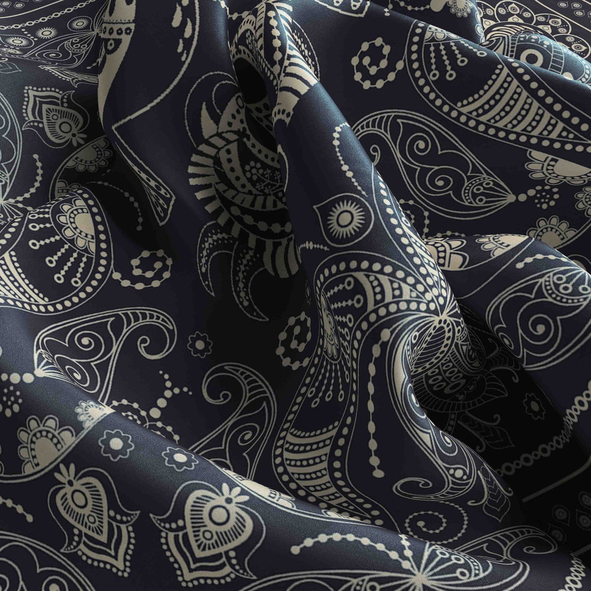 Charcoal Paisley Silk Bandana Scarf – 50 × 50 cm