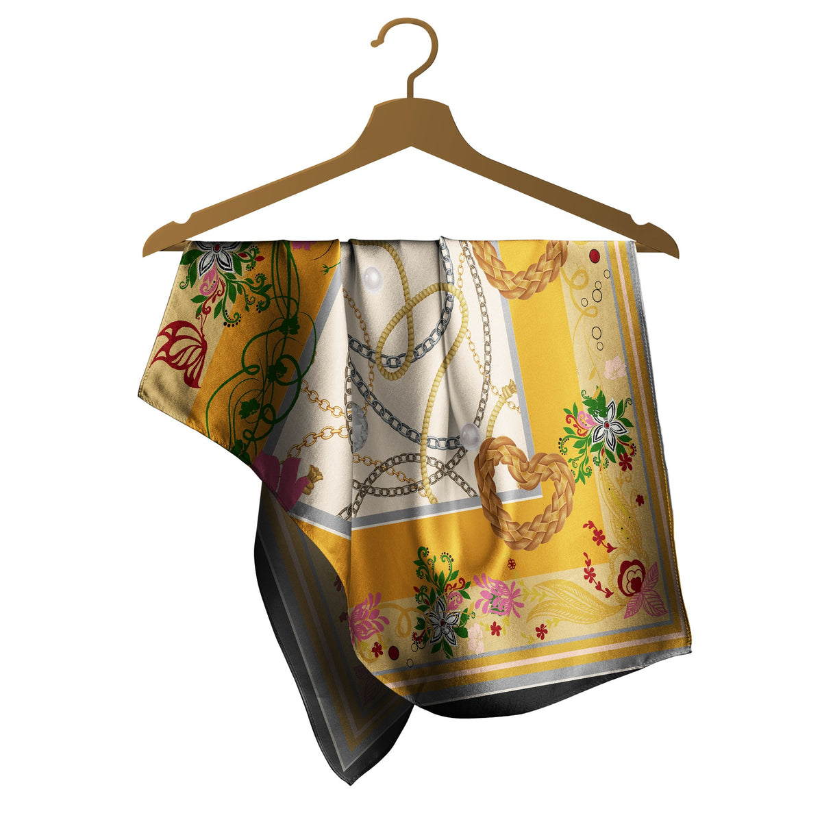 Saffron Chain & Bloom Silk Square Scarf – 65 × 65 cm