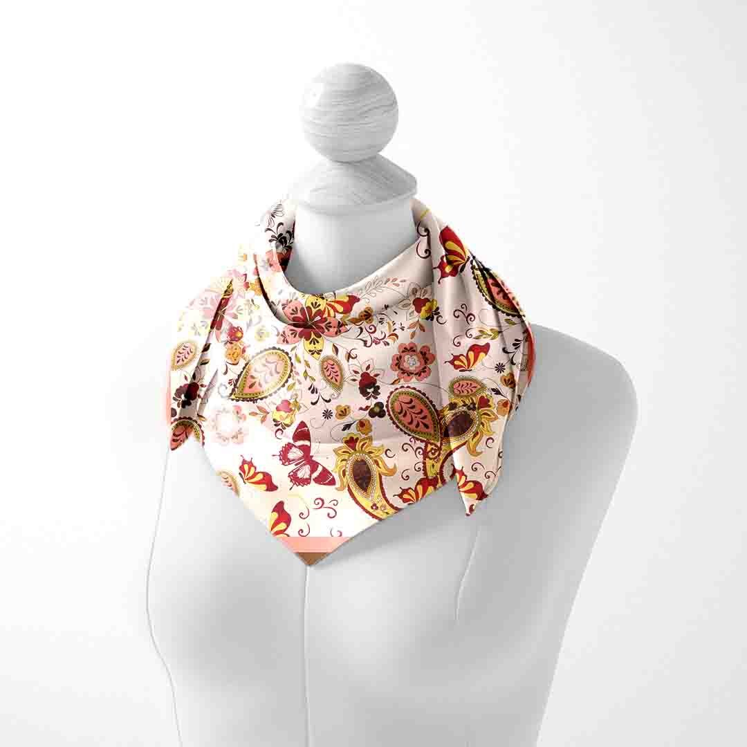 Blush Paisley Butterfly Silk Square Scarf – 65 × 65 cm