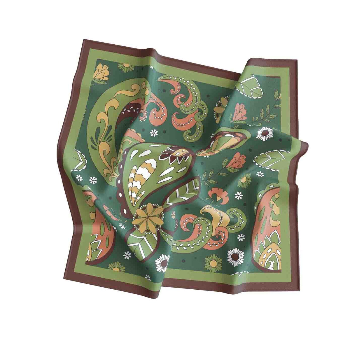 Sage Paisley Garden Silk Bandana Scarf – 50 × 50 cm
