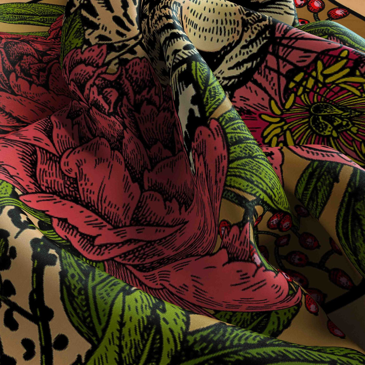 Leopard & Peony Silk Bandana Scarf – 50 × 50 cm