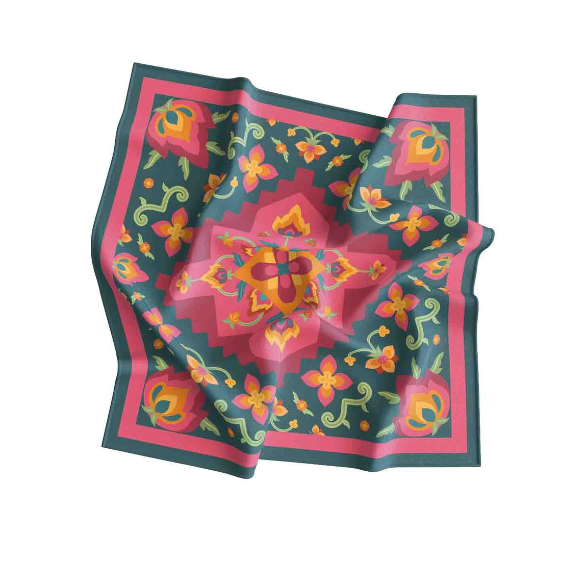 Teal Rose Kilim Silk Bandana Scarf – 50 × 50 cm