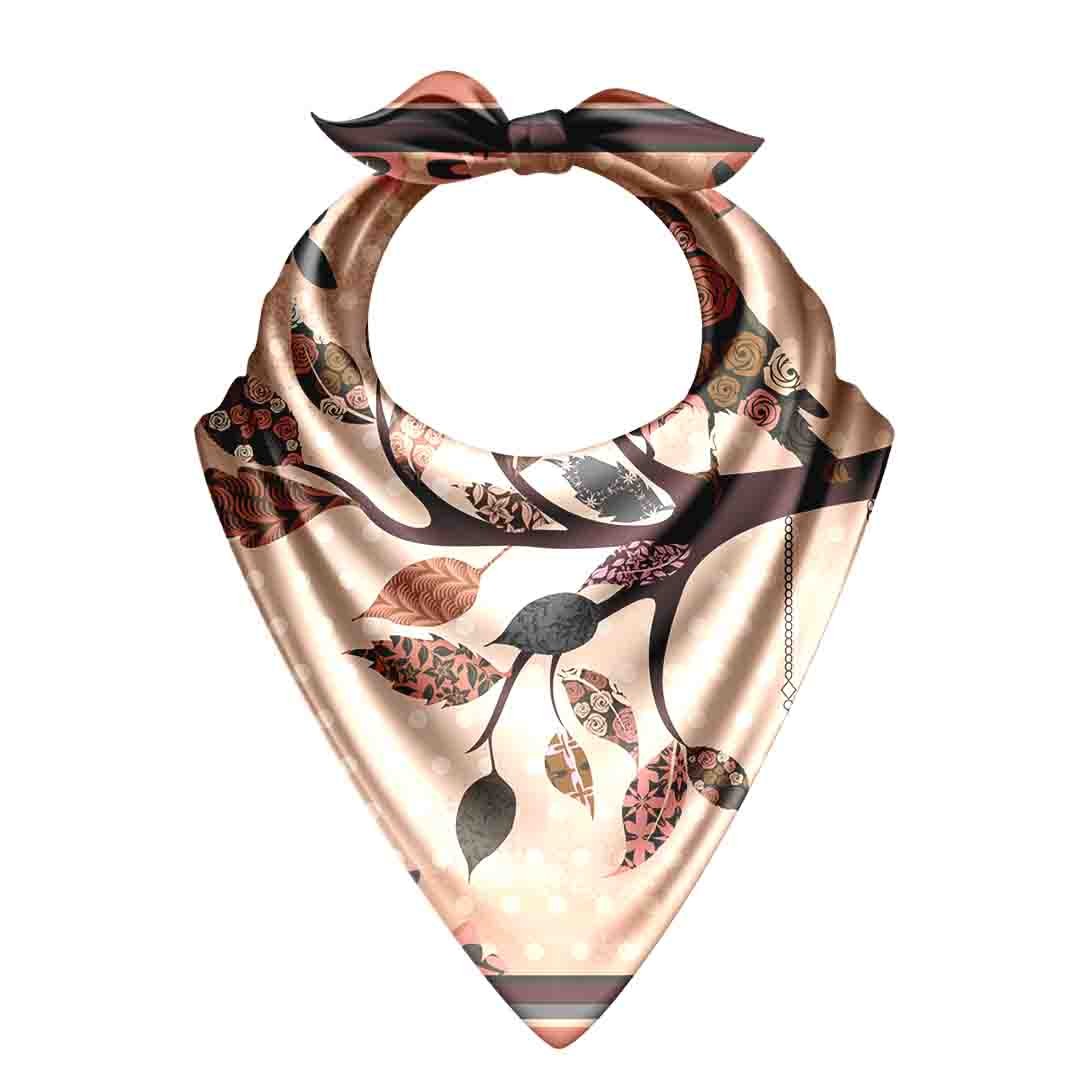 Owl Branch Terracotta Silk Bandana Scarf – 50 × 50 cm
