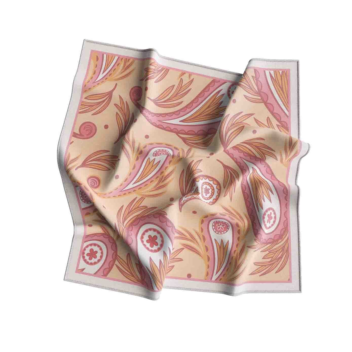 Peach Feather Paisley Silk Bandana Scarf – 50 × 50 cm