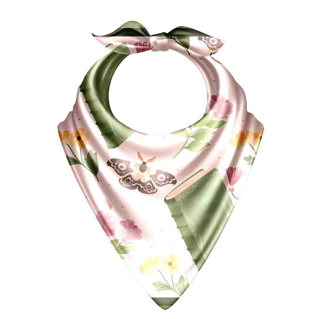 Moth & Blossom Sage Silk Bandana Scarf – 50 × 50 cm