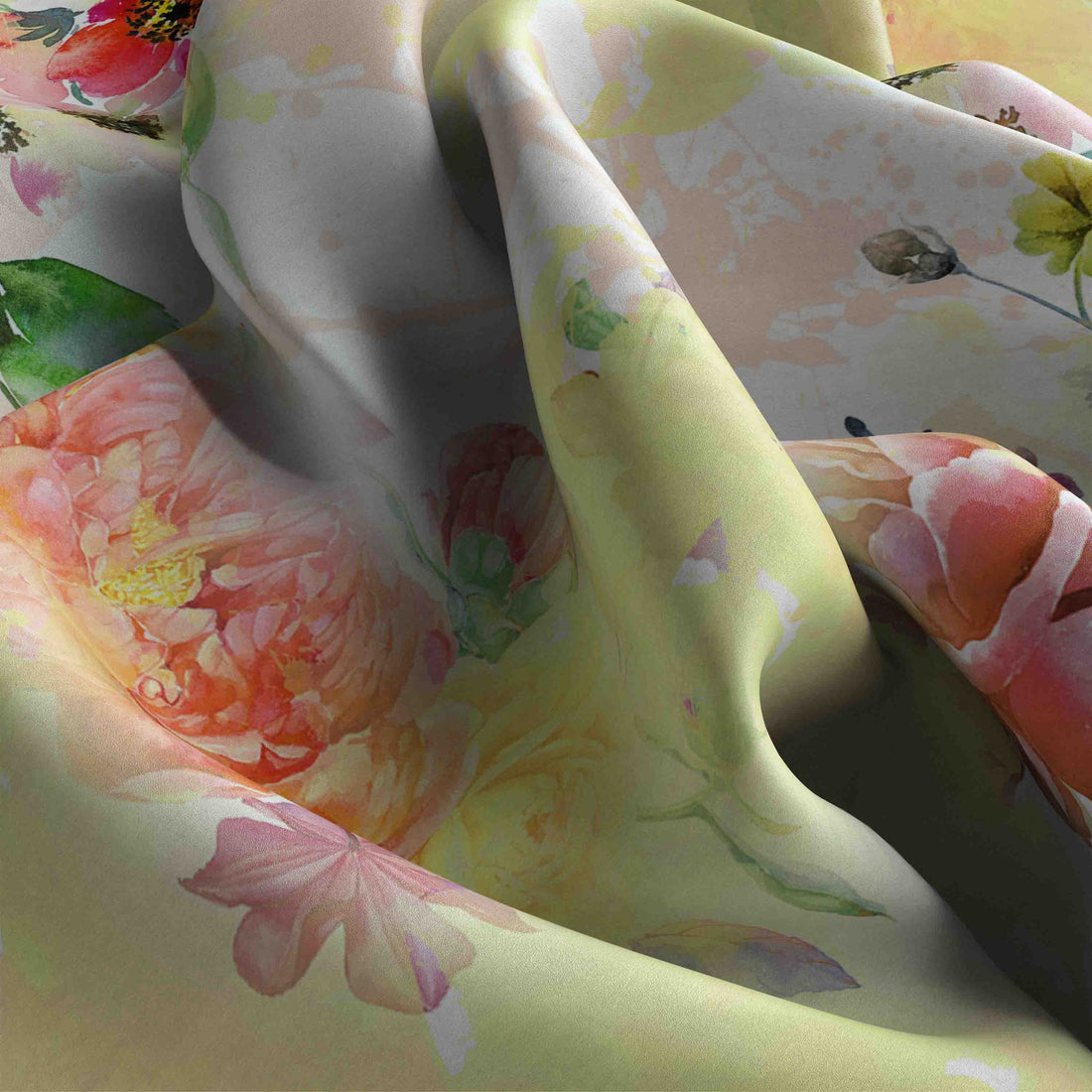 Sunlit Watercolour Garden Silk Shawl Wrap – 100 × 100 cm