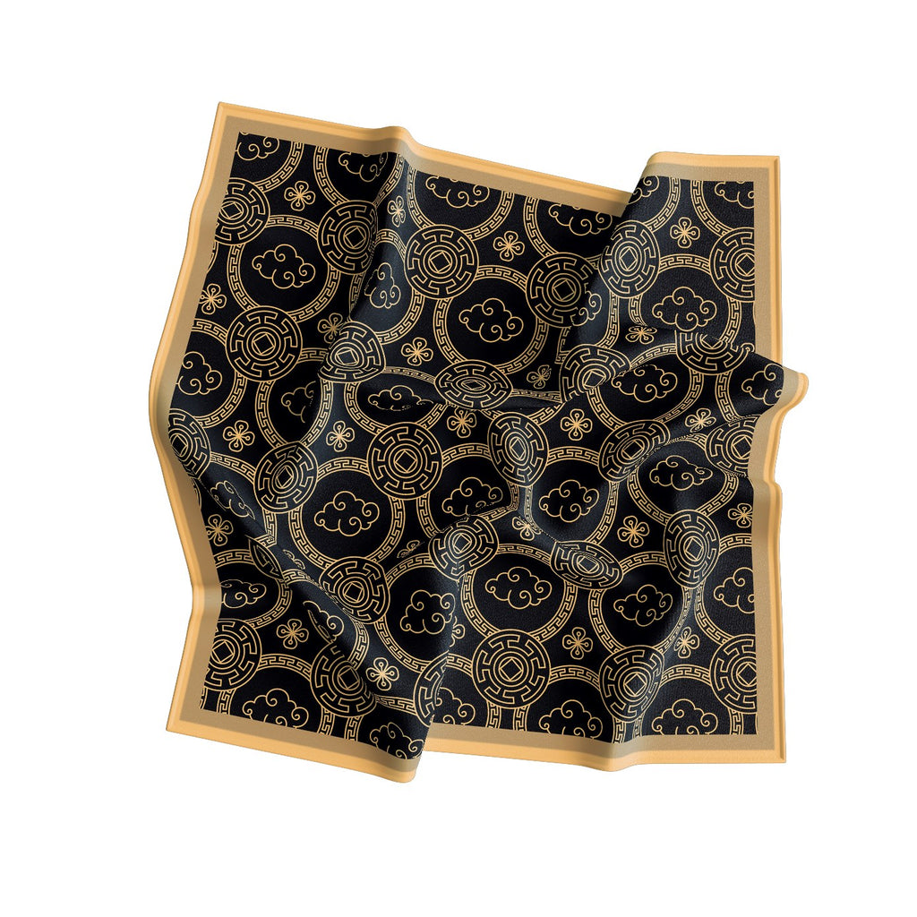 Golden Cloud Medallion Silk Bandana Scarf – 50 × 50 cm