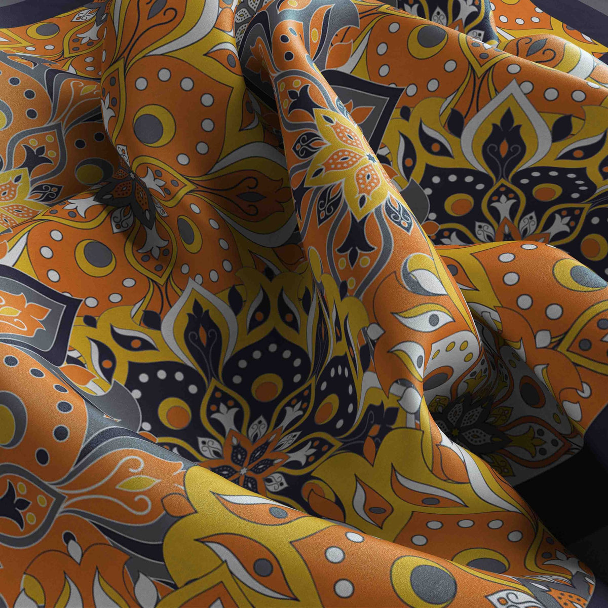 Marigold Medallion Slate Silk Square Scarf – 65 × 65 cm