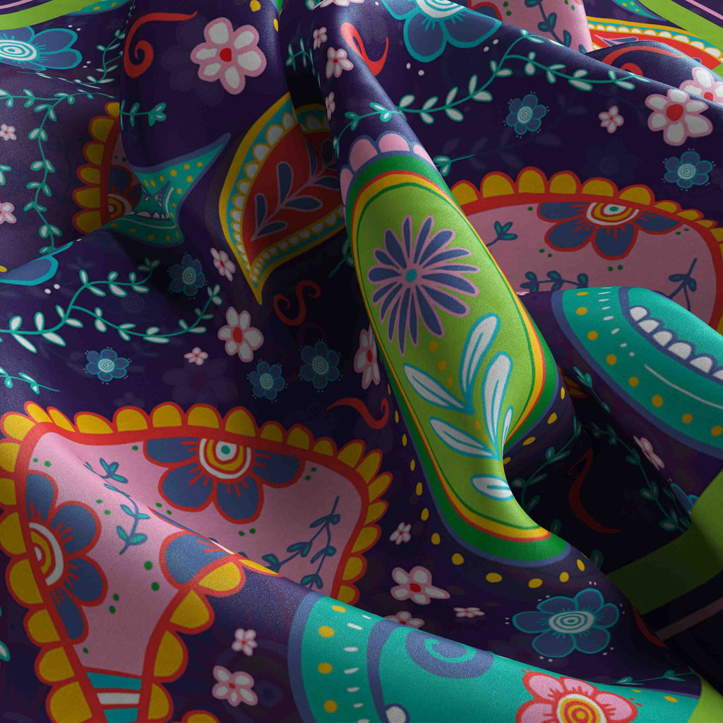 Neon Paisley Party Silk Bandana Scarf – 50 × 50 cm