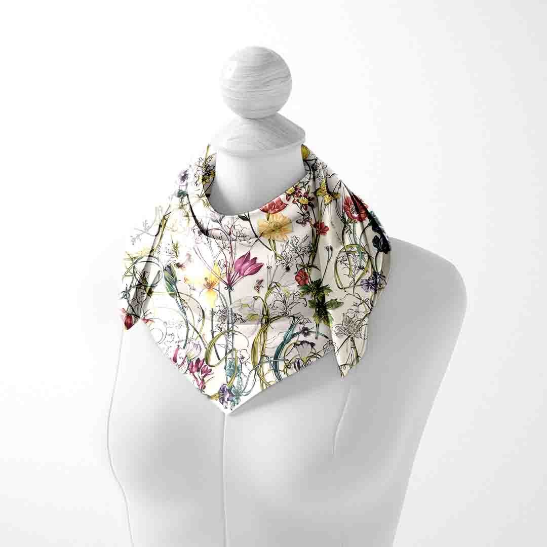 Ivory Botanical Sketch Silk Square Scarf – 65 × 65 cm