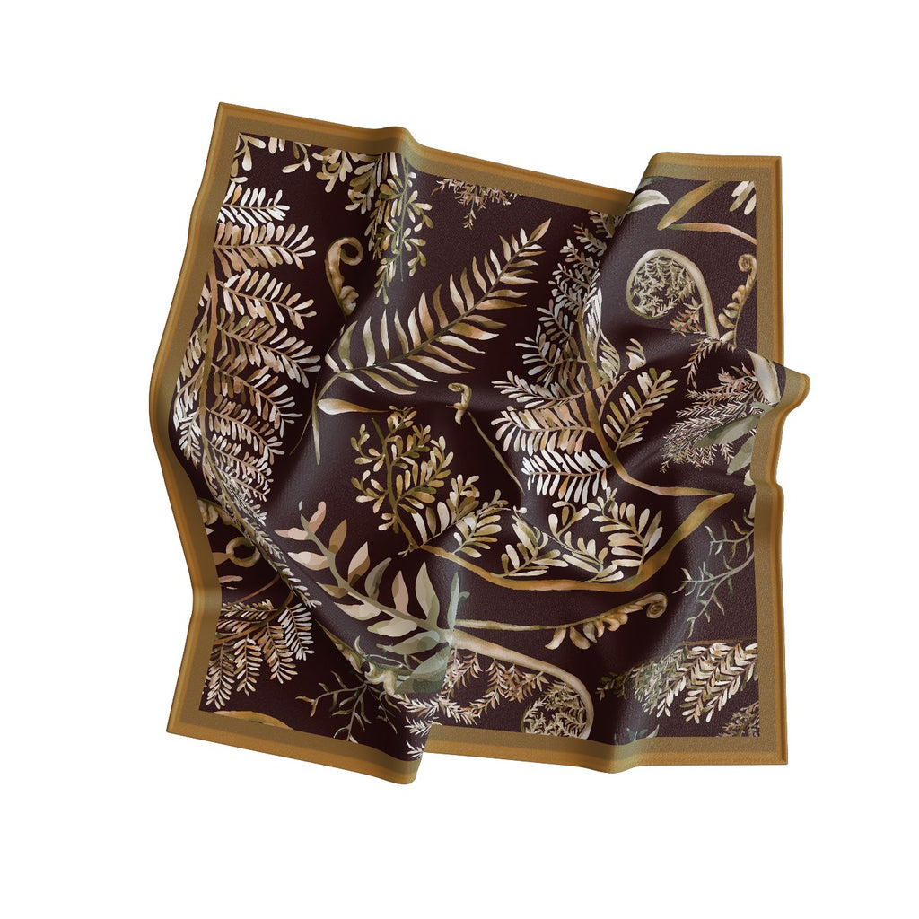 Midnight Fern Cocoa Silk Bandana Scarf – 50 × 50 cm