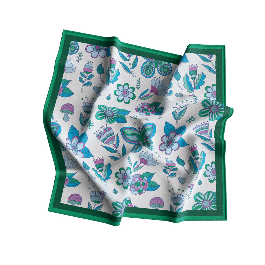 Emerald Folk Garden Silk Bandana Scarf – 50 × 50 cm